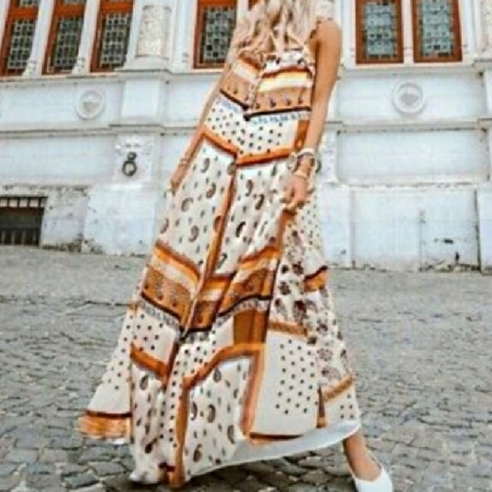 ZARA maxi paisley ruffled orange green dress XXS